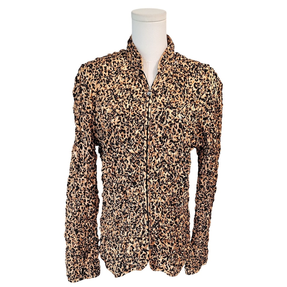 MSK Leopard Print Sequin Textured Zip Up Jacket Womens L Party Elegant
